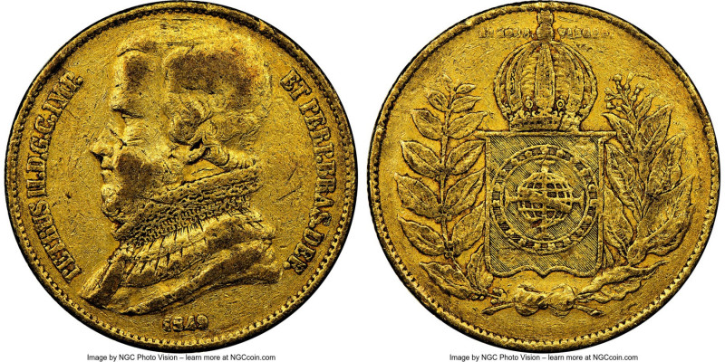 Pedro II gold 20000 Reis 1849 VF35 NGC, Rio de Janeiro mint, KM461. Mintage: 6,4...