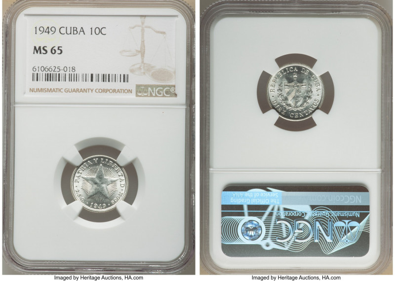 Republic 10 Centavos 1949 MS65 NGC, Philadelphia mint, KM-A12. Frosty white unto...