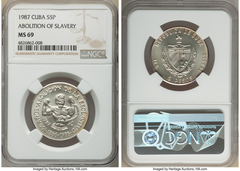 Republic 5 Pesos 1987 MS69 NGC, Havana mint, KM326. Mintage: 2,000. 100th annive...