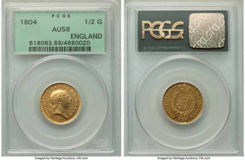 George III gold 1/2 Guinea 1804 AU58 PCGS, KM651, S-3737. Pleasant looking with ...