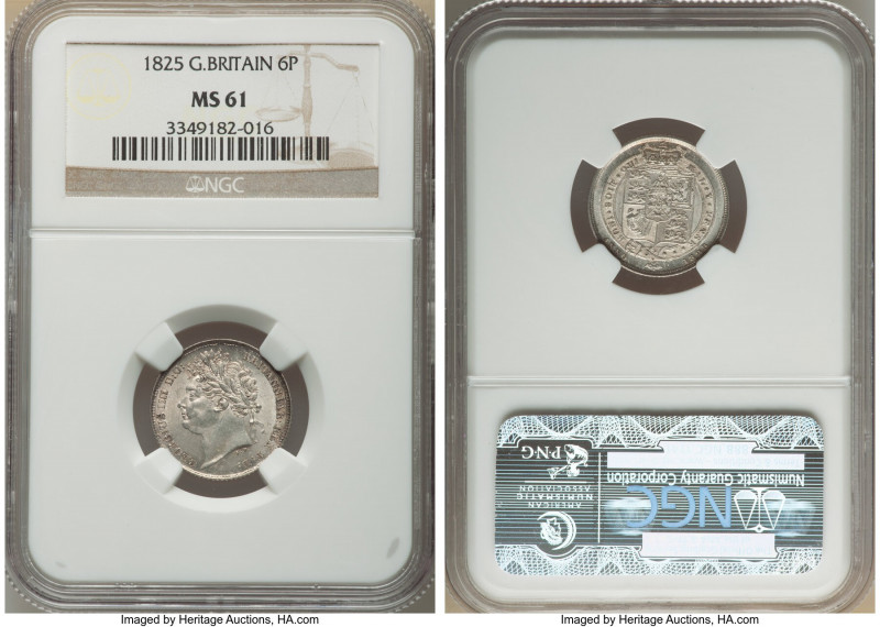 George IV 6 Pence 1825 MS61 NGC, KM691, S-3814. Shadow gray and Zephyr silver to...