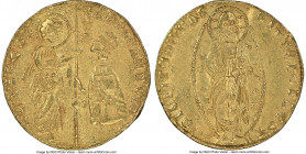 Venice. Andrea Dandolo gold Ducat ND (1343-1354) UNC Details (Bent) NGC, Fr-1221. ANDR DΛNDVLO | S | M | V | Є | N | Є | T | I, Doge kneeling left, re...