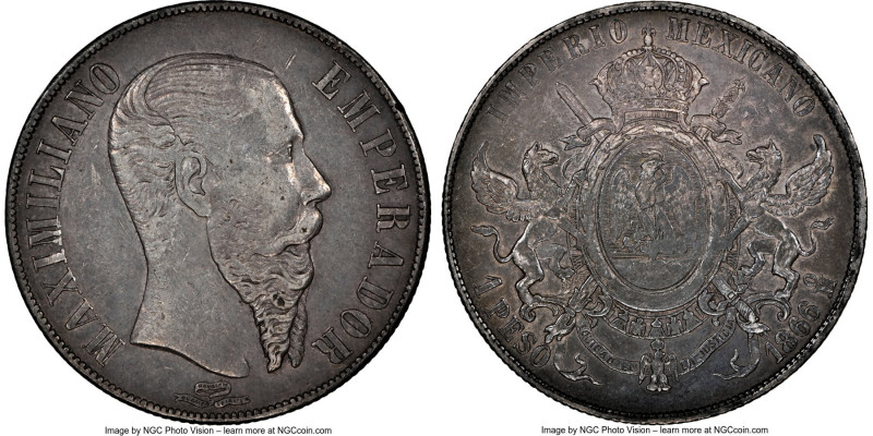 Maximilian Peso 1866-Mo AU53 NGC, Mexico City mint, KM388.1. Argent and ash toni...