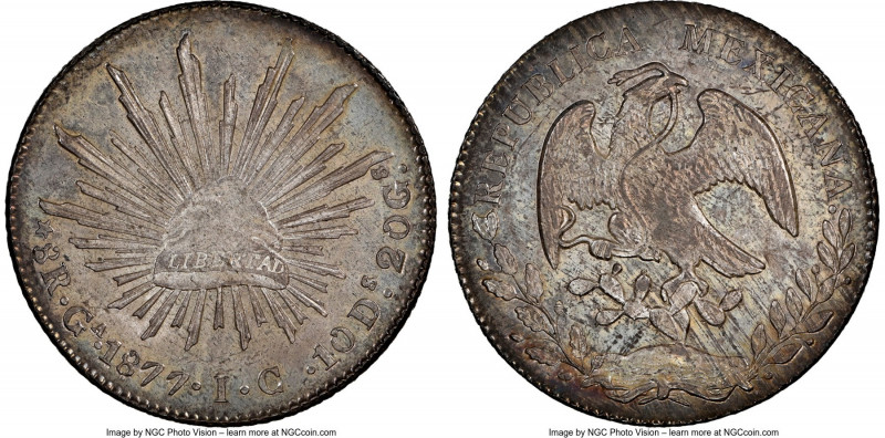 Republic 8 Reales 1877 Ga-IC MS64 NGC, Guadalajara mint, KM377.6, DP-Ga58. Cartw...