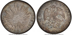 Republic 8 Reales 1877 Ga-IC MS64 NGC, Guadalajara mint, KM377.6, DP-Ga58. Cartwheel luster beneath a cloak of taupe-gray tone intermingled with multi...