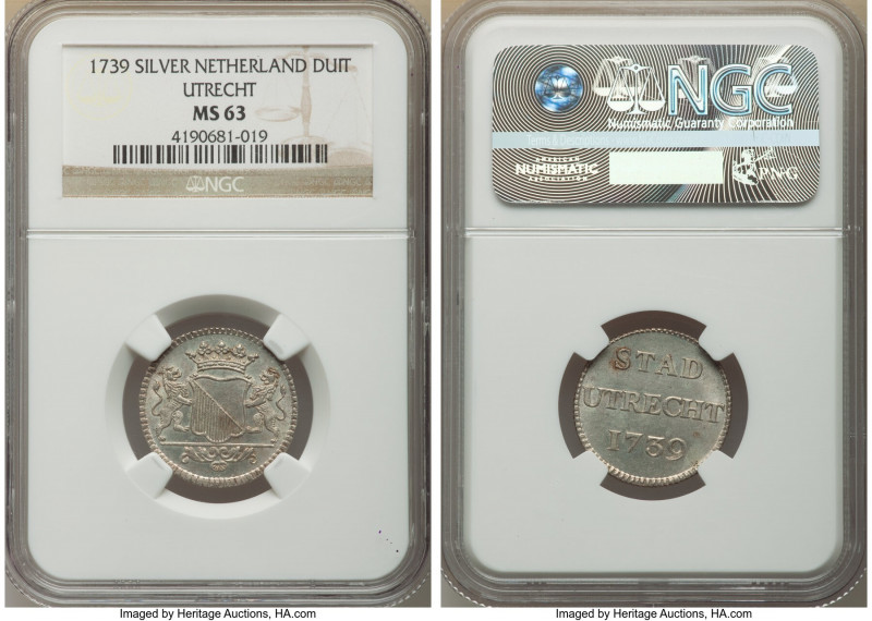 Utrecht. Provincial silver Duit 1739 MS63 NGC, KM91a. First year of type. Radian...