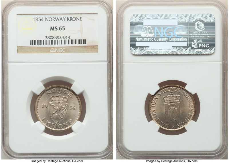 Haakon VII Krone 1954 MS65 NGC, Kongsberg mint, KM397.2. Lustrous whirling bloom...