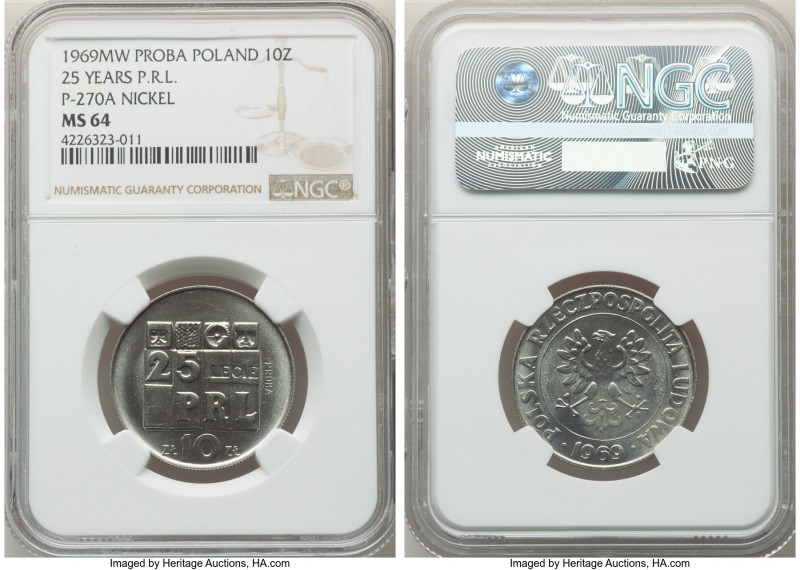 People's Republic nickel Proba 10 Zlotych 1969-MW MS64 NGC, Warsaw mint, KM-Pr17...