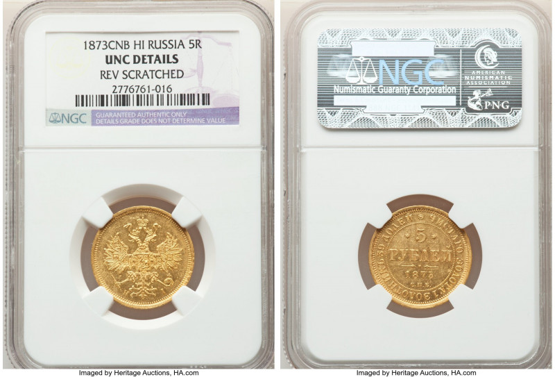 Alexander II gold 5 Roubles 1873 CПБ-HI UNC Details (Reverse Scratched) NGC, St....
