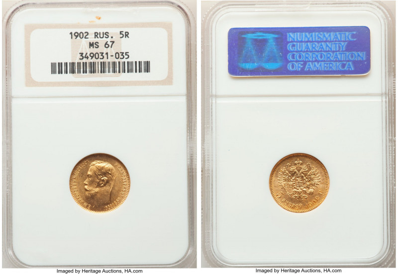 Nicholas II gold 5 Roubles 1902-AP MS67 NGC, St. Petersburg mint, KM-Y62. AGW 0....