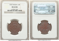 Carl XIV Johan 1/4 Skilling 1828 MS64 Brown NGC, Stockholm mint, KM595. Stellar strike, chestnut brown surfaces with residual red around devices and a...