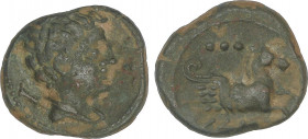 Celtiberian Coins
Cuadrante. 120-20 a.C. CESE (TARRAGONA). Anv.: Cabeza masculina a derecha, detrás timón. Rev.: Medio Pegaso a derecha, encima tres ...