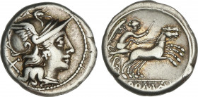 Roman Coins
Republic
Denario. 157-156 a.C. ANÓNIMO. Rev.: Victoria en biga a derecha. En exergo: ROMA en tablilla. 4,01 grs. AR. BMC-428; Cal-52; Cr...
