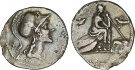 Roman Coins
Republic
Denario. 115-114 a.C. ANÓNIMO. Anv.: Cabeza de Roma a derecha, detrás X, debajo ROMA. Rev.: Roma con cetro sentada a derecha so...