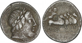 Roman Coins
Republic
Denario. 86 a.C. ANÓNIMA. Anv.: Cabeza laureada de Apolo Vejovis a derecha, debajo haz de rayos. Rev.: Júpiter en cuadriga a de...