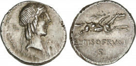 Roman Coins
Republic
Denario. 90-89 a.C. CALPURNIA. L. Calpurnius Piso Frugi. Anv.: Cabeza laureada de Apolo a derecha, detrás L, delante flor. Rev....