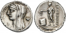 Roman Coins
Republic
Denario. 55 a.C. CASSIA. L. Cassius Longinus. Anv.: Busto velado de Vesta a izquierda entre letra y copa. Rev.: Ciudadano roman...