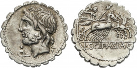 Roman Coins
Republic
Denario. 106 a.C. CORNELIA. L. Cornelius Scipio Asiagenus. Anv.: Cabeza laureada de Júpiter a izquierda, debajo del mentón letr...