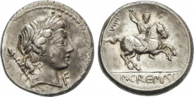 Roman Coins
Republic
Denario. 82 a.C. CREPUSIA. Publius Crepusius. Anv.: Cabeza laureada de Apolo a derecha, delante letra F, detrás cetro. Rev.: Ji...
