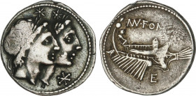 Roman Coins
Republic
Denario. 114-113 a.C. FONTEIA. Mn. Fonteius. Anv.: Cabeza de los Dioscuros sobrepuestos a derecha, encima y debajo estrellas. R...