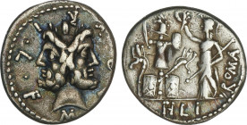 Roman Coins
Republic
Denario. 119 a.C. FURIA. M. Furius L.f. Philus. Anv.: Cabeza de Jano bifronte M. FOVRI.L.F. Rev.: Roma en pie coronando un trof...