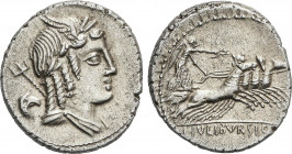 Roman Coins
Republic
Denario. 85 a.C. JULIA. L. Julius Bursio. Anv.: Cabeza de águila y tridente. 3,89 grs. AR. BMC-2485-07; Cal-634; Craw-352/1a; F...