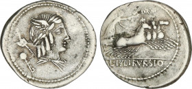 Roman Coins
Republic
Denario. 85 a.C. JULIA. L. Julius Bursio. Anv.: Cabeza alada y laureada de Apolo Vejovis a derecha, detrás tridente y amapola. ...