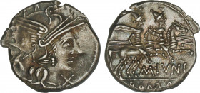 Roman Coins
Republic
Denario. 145 a.C. JUNIA. M. Junius Silanus. Anv.: Cabeza de Roma a derecha entre cabeza de asno y X. Rev.: Dióscuros a caballo ...
