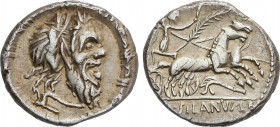 Roman Coins
Republic
Denario. 91 a.C. JUNIA. D. Junius Silanus L.f. ESCASA. Anv.: Cabeza laureada de Silanus a derecha, debajo arado. Rev.: Victoria...