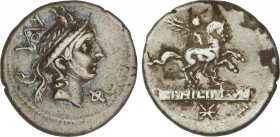 Roman Coins
Republic
Denario. 113-112 a.C. MARCIA. L. Marcius Philippus. Anv.: Cabeza de Filipo V de Macedonia, detrás ROMA (en monograma), delante ...