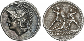 Roman Coins
Republic
Denario. 103 a.C. MINUCIA. Q. Minucius Thermus M.f. Anv.: Cabeza de Marte a izquierd. Rev.: Tres soldados combatiendo. En exerg...