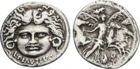 Roman Coins
Republic
Denario. 47 a.C. PLAUTIA. L. Plautius Plancus. Anv.: Máscara de la Medusa con serpientes a ambos lados de la cara, debajo L. PL...