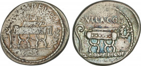 Roman Coins
Republic
Denario. 54 a.C. POMPEIA. Q. Pompeius Rufus. Anv.: Silla curul entre flecha y rama de laurel, encima Q. POMPEI Q.F / RVFVS, deb...