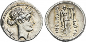 Roman Coins
Republic
Denario. 66 a.C. POMPONIA. Q. Pomponius Musa. Anv.: Cabeza de Apolo a derecha, detrás plectrum. Rev.: La Musa Terpsicore de pie...