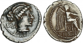 Roman Coins
Republic
Denario. 89 a.C. PORCIA. M. Porcius Cato. Anv.: ROMA. M. CATO. Cabeza de libertad a derecha. Rev.: Victoria alada con pátera y ...