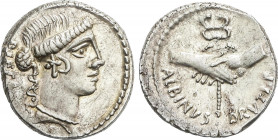 Roman Coins
Republic
Denario. 48 a.C. POSTUMIA. Postumius Albinus Bruti F. Anv.: Cabeza de piedad a derecha. Rev.: Dos manos juntas sosteniendo un c...