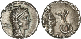 Roman Coins
Republic
Denario. 64 a.C. ROSCIA. L. Roscius. Anv.: Cabeza de Juno Sospita tocado con piel de cabra a derecha, detrás mano, debajo (L. R...