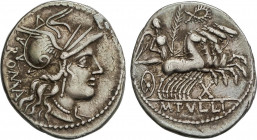 Roman Coins
Republic
Denario. 120 a.C. TULLIA. M. Tullius. Anv.: Cabeza de Roma a derecha, detrás ROMA. Rev.: Victoria en cuadriga a derecha, entre ...