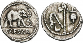 Roman Coins
Empire
Denario. Acuñada el 54-51 a.C. JULIO CÉSAR. ESCASA. Anv.: CAESAR. Elefante a derecha, delante una serpiente. Rev.: Símpulo, asper...