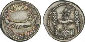 Roman Coins
Empire
Denario. Acuñada el 32-31 a.C. MARCO ANTONIO. CECA VOLANTE. Anv.: ANT. AVG. III. VIR. R.P.C. Galera pretoriana a derecha. Rev.: L...