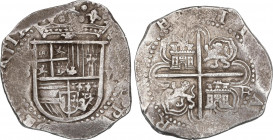 Spanish Monarchy
Philip II
8 Reales. S/F. SEVILLA. F. Anv.: S - Escudo - VIII roel encima. Rev.: Ensayador a la derecha del 4º cuartel. 26,40 grs. R...