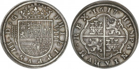Spanish Monarchy
Philip III
8 Reales. 1617/6. SEGOVIA. A. ESCASA. 27,26 grs. Acueducto de dos pisos de cinco arcos. Bonita pátina. Ensayador: ¶. AC-...