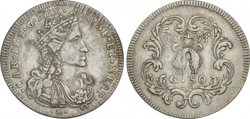 Spanish Monarchy
Charles II
1/2 Ducado (50 Grana). 1693. NÁPOLES. AG/A. 10,81 ...