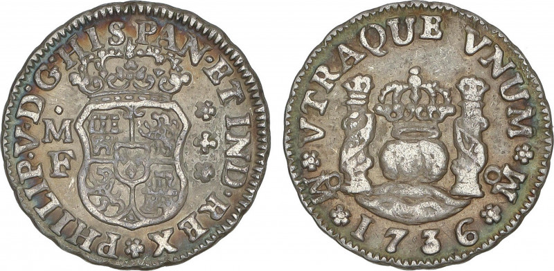 Spanish Monarchy
Philip V
1/2 Real. 1736. MÉXICO. M.F. 1,64 grs. Columnario. A...