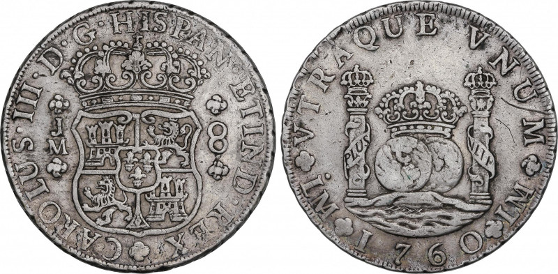 Spanish Monarchy
Charles III
8 Reales. 1760. LIMA. J.M. 26,85 grs. Columnario....