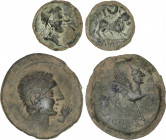 Celtiberian Coins
Lote 2 monedas Semis y As. 180 a.C. CASTULO (CAZLONA, Jaén). AE. As: Cabeza masculina diademada a derecha, delante mano y reverso E...