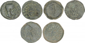 Celtiberian Coins
Lote 3 monedas As. 200-20 a.C. MALACA (MÁLAGA). Anv.: Cabeza de Vulcano a derecha con barba y birrete cónico, delante leyenda, detr...