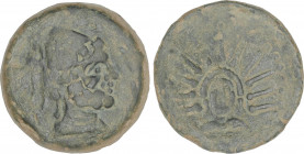 Celtiberian Coins
As. MALACA. Anv.: Busto de Vulcano con birrete cónico y coleta a derecha, detrás tenazas y (leyenda) a derecha. Rev.: Helios de fre...