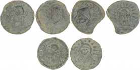 Celtiberian Coins
Lote 3 monedas As. 200-20 a.C. MALACA (MÁLAGA). Anv.: Cabeza de Vulcano con birrete cónico a izquierda, detrás tenazas y leyenda. R...