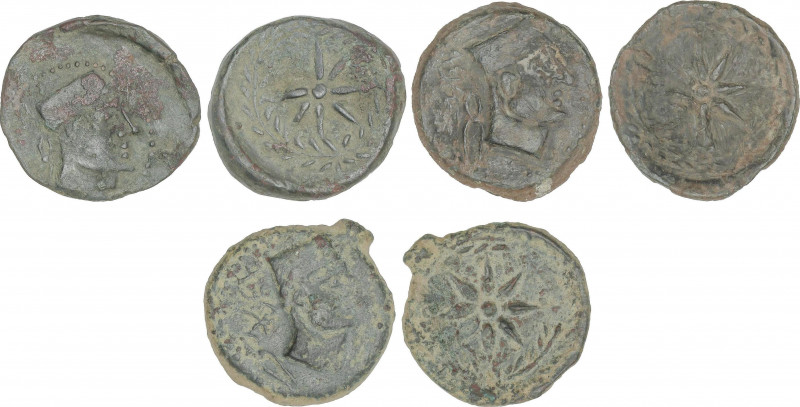 Celtiberian Coins
Lote 3 monedas Semis. 200-20 a.C. MALACA (MÁLAGA). Anv.: Cabe...